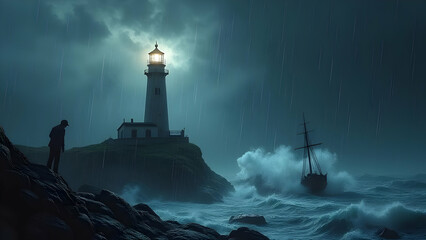 lighthouse at night, stormy sea, crashing waves, moonlit sky, sailboat in rough waters, rocky coast, atmospheric, dramatic lighting, moody, cinematic, detailed, digital art
