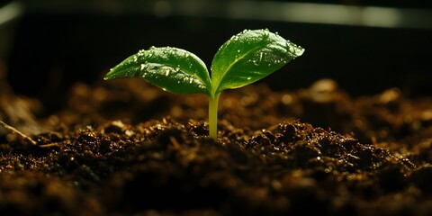 A Young Sprout Emerging from the Soil with Droplets of Water on Its Leaves