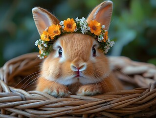 A charming bunny nestled in a wicker basket adorned with a delicate floral crown