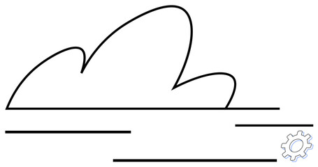 Minimalist outline of a cloud with parallel lines and a small gear. Ideal for technology, cloud computing, data management, innovation, automation, network, digital transformation. Flat simple
