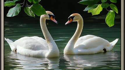 Obraz premium Two swans forming a heart shape on water.