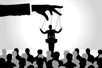 Politician becomes puppet government, corrupt democracy, illegal political party, fraud with peoples crowd, manipulation with global politics, the puppeteer controls election vote stock illustration
