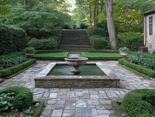 Fototapeta premium Tranquil outdoor garden with a scenic stone pathway leading to a water feature surrounded by lush greenery representing peaceful nature retreat