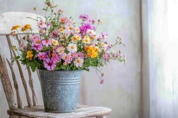 Tin bucket flowers arrangement colorful.