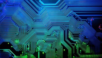Intricate Circuitry Design Showcasing Vibrant Blue and Green Patterns on a Computer Chip