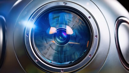 Close-up of a Futuristic Camera Lens Showcasing Intricate Details and Reflections Under Bright Lighting Conditions