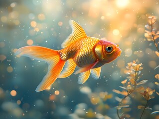 Glowing goldfish swimming in a luminous aquarium
