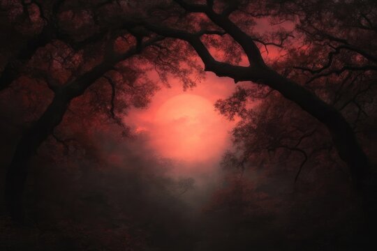Crimson moon peeks through misty forest