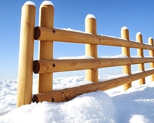Fototapeta premium A wooden fence covered in snow under a clear blue sky