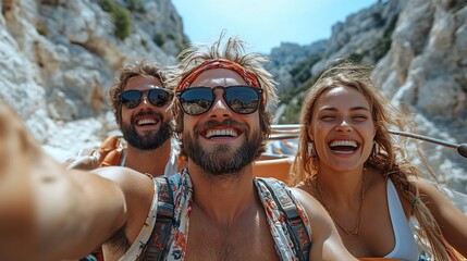 Obraz premium Friends selfie, sunny canyon road trip, happy smiles, summer adventure