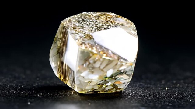 Close-up of a raw, uncut Rutilated Quartz diamond on a black surface, showcasing its natural facets and transparency mineral pattern texture macro background.