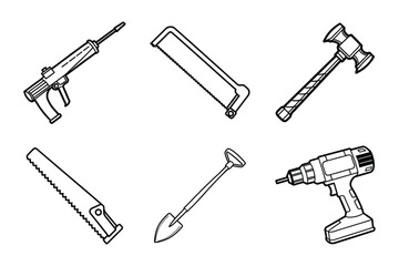 Naklejka premium Vector illustration of a set of metal tools including a hammer, screwdriver, wrench, bolt, and more, designed for construction and repair work