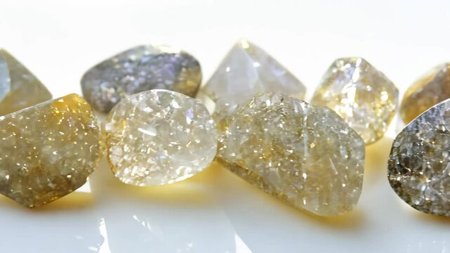 A collection of raw, uncut Rutilated Quartz diamonds with varying colors and clarity on a white mineral pattern texture macro background.