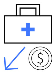 Medical kit with a cross symbol, downward blue arrow, and dollar coin suggesting cost reduction in healthcare. Ideal for healthcare savings, affordability, medical insurance, budgeting, cost cutting