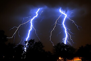 Two bright lightning strikes illuminate the dark sky over trees
