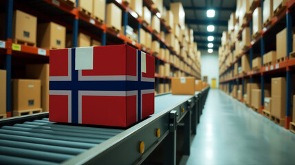 Norway parcel on a conveyor in a modern distribution center. Symbolizing trade, global exports, and the efficiency of logistics