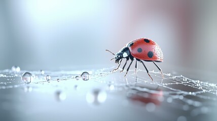 Close-up of a ladybug on dewy surface, showcasing its vibrant red and black colors, with a blurred background.