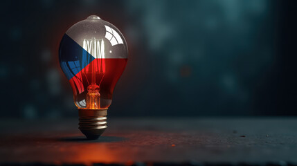 A patriotic concept: A light bulb with the Czech flag design glowing in the dark, symbolizing ingenuity, technology, and energy independence