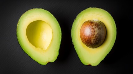 Two halves of an avocado are sitting on a dark background