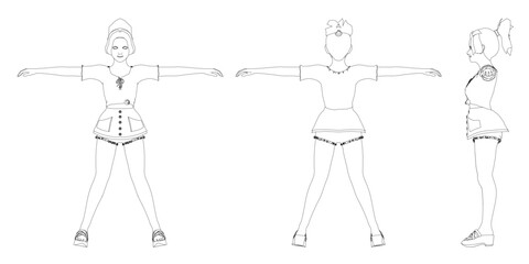 Three figures of female are shown in a line. Front, back, side view.