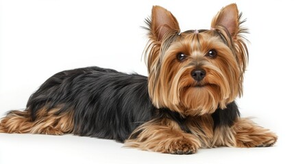 Yorkshire dogs looking at camera isolated on a white background