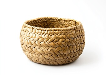 Empty Round Woven Straw Basket on White Background