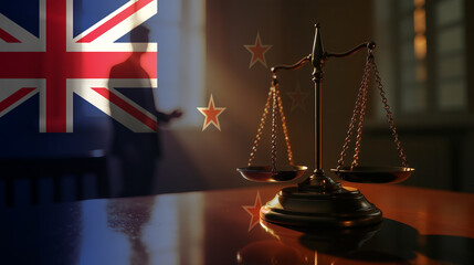 The scales of justice stand in front of the New Zealand flag, symbolizing law, fairness, and the legal system. A concept of democracy and equality.