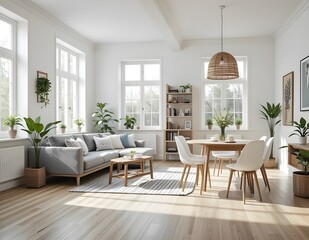 Modern scandinavian living room with design furniture, grey sofa, plants, bamboo bookstand and wooden desk. Brown wooden parquet. Nice apartment. Stylish decor. Bright and sunny side of home space. 