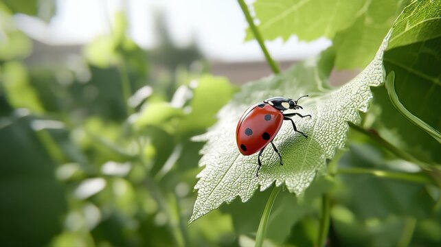Close-up of a vibrant red ladybug on a green leaf during a sunny day in nature.