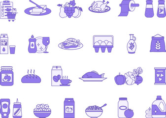 Colored Grocery Icon Set. Vector Illustrations Food, Bread, Milk, Eggs, Butter, Flour, Fruits, Vegetables, Fish, Chicken, Beef, Olive Oil, Sugar, Jam, and More