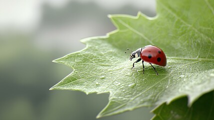Obraz premium Close-up of ladybug on green leaf with dewdrops, symbolizing nature's beauty and tranquility.