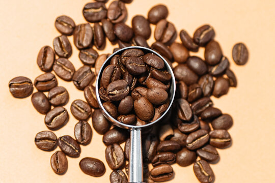 Close up of roasted coffee beans with metallic scoop