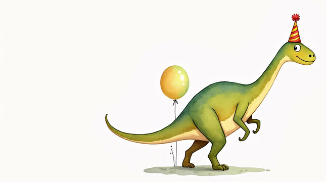 Cute clipart-style dinosaur Parasaurolophus with a cute party hat and a balloon