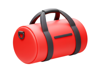 Red cylindrical duffel bag 3D Icon with black straps and a rectangular patch for versatile use
