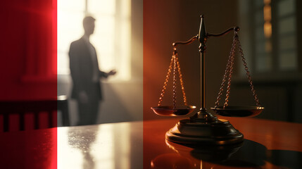 The scales of justice stand in front of the Peru flag, symbolizing law, fairness, and the legal system. A concept of democracy and equality.