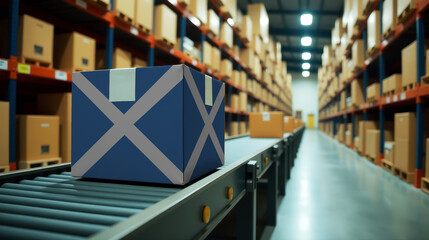 Scotland parcel on a conveyor in a modern distribution center. Symbolizing trade, global exports, and the efficiency of logistics