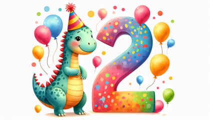 Vibrant and happy dinosaur artwork featuring a Parasaurolophus, a giant number two, and balloons in a cheerful birthday setting