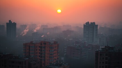 Fototapeta premium Air pollution creating a hazy sunrise over city buildings, climate impact 
