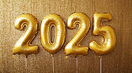 Golden celebration: Sparkling 2025 new year balloons against glittering backdrop