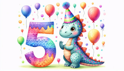 Naklejka premium Beautiful hand-drawn Parasaurolophus illustration for birthday decorations featuring a giant number 5 and cheerful balloons