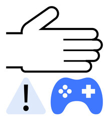 Hand gesture with a warning triangle and game controller emphasizes responsible gaming. Ideal for gaming caution, decision-making, rules, awareness, safety, warnings, habits. Flat simple metaphor
