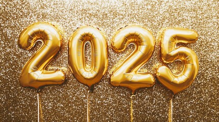 Golden 2025 Foil Balloons floating over a Sparkly Shimmering Backdrop