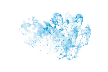 Bright light blue watercolor or ink stain with watercolor marks on transparent background.
