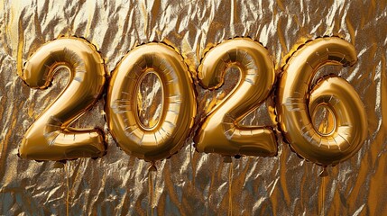 Golden 2026 Foil Balloons Against a Shimmering Metallic Gold Backdrop