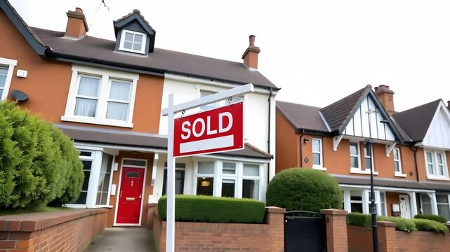 Estate agent property sales. Sold sign on UK house isolated on a white background	
