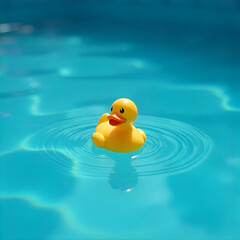 A single yellow plastic duck floating in the center of a pool, creating a minimalist composition.