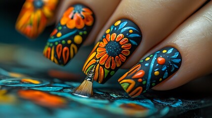  floral nail art being touched up with a brush, showcasing detailed manicure.