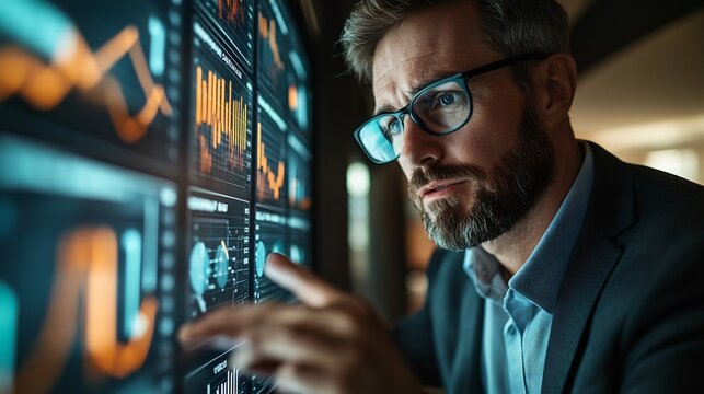 Businessman reviewing technology implementation plan detailed timelines analytical expression