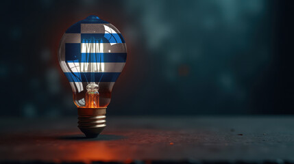 A patriotic concept: A light bulb with the Greece flag design glowing in the dark, symbolizing ingenuity, technology, and energy independence
