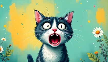 Shocked Cat with Flowers Cute Pet Illustration